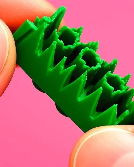 Fingertips pinching a spiky green brick plant piece against a pink background